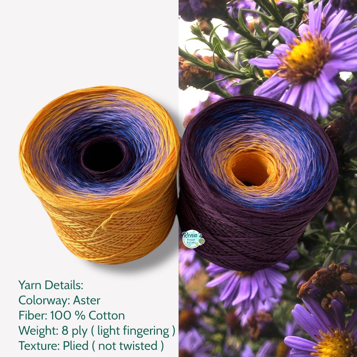 Aster, September Birth Flower, Gradient Cotton Natural Fiber Yarn - Rena'sThreadandCrafts