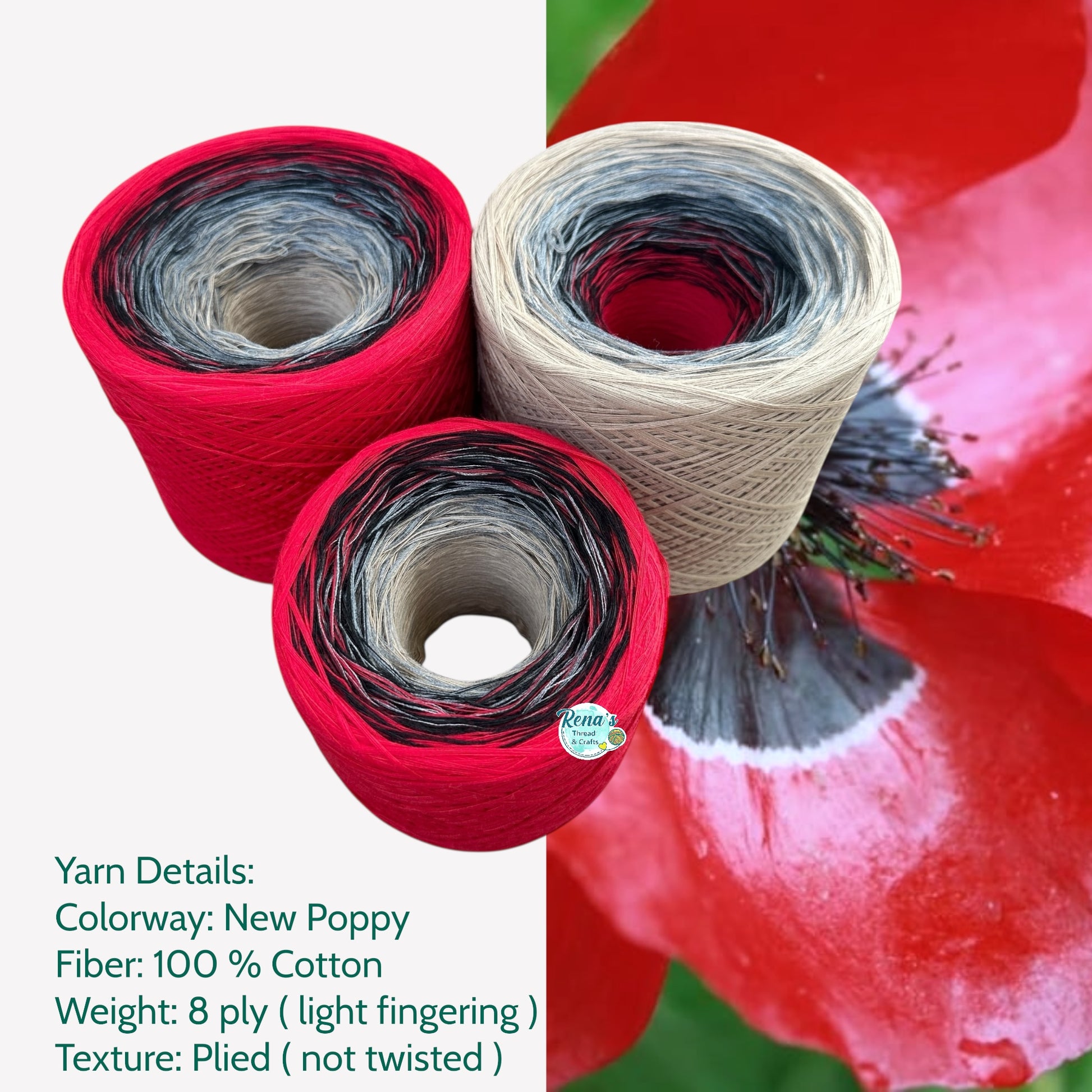 New Poppy, August Birth Flower, Gradient Cotton Natural Fiber Yarn - Rena'sThreadandCrafts
