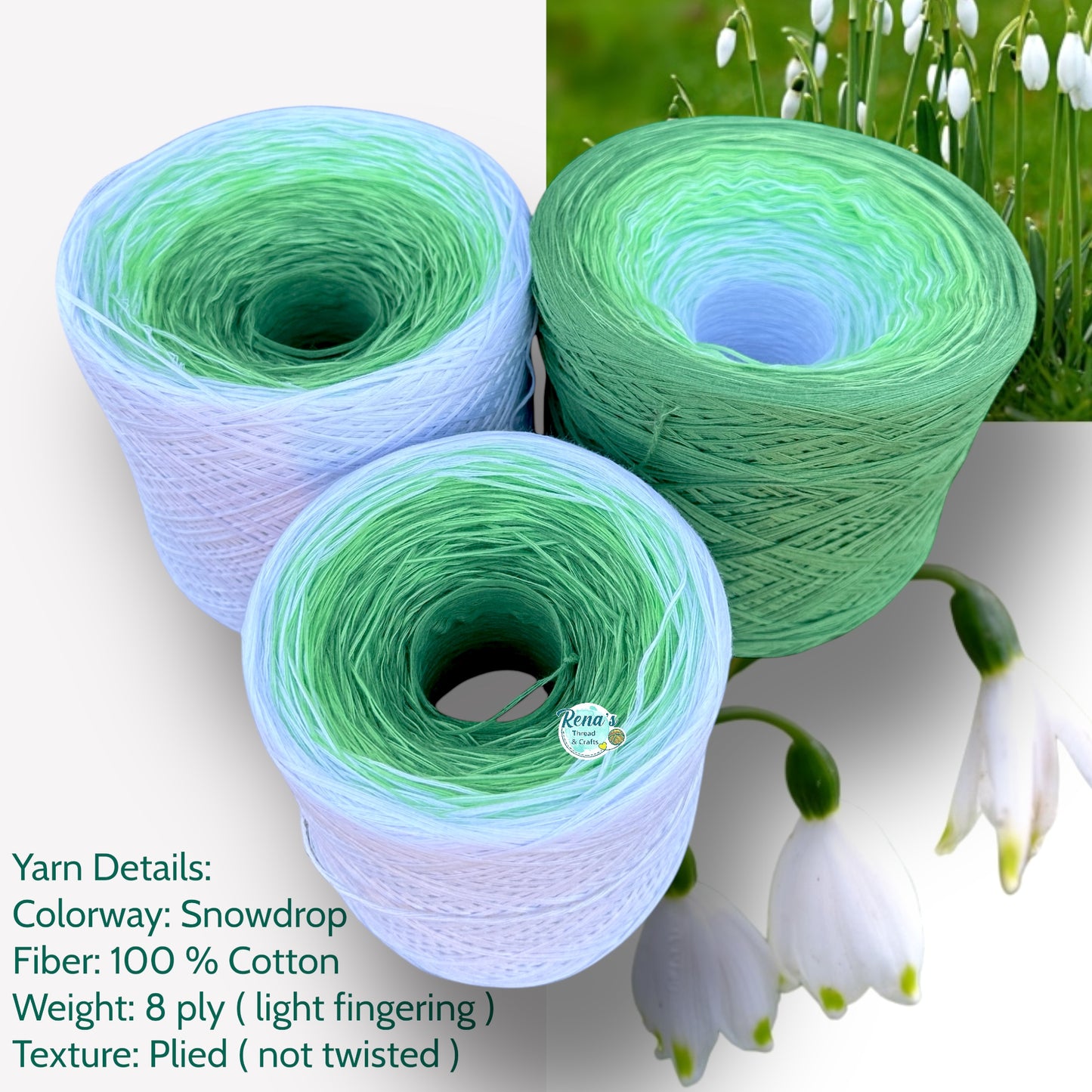 Snow Drop, January Birth Flower, Gradient Cotton Natural Fiber Yarn - Rena'sThreadandCrafts
