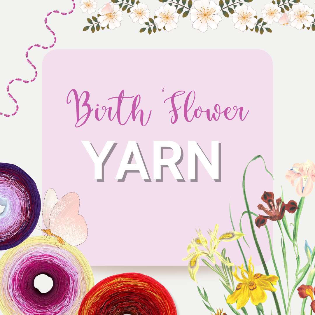 Birth Flower Yarn Collection banner with a soft pastel pink background, featuring delicate floral illustrations, gradient yarn cakes