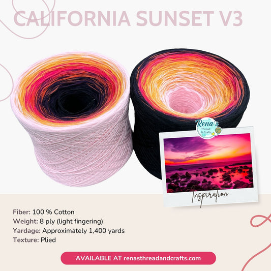 California Sunset V3, Gradient 8PLY Cotton Gradient Cake Yarn, Fingering Lace Natural Fiber-Cotton Yarn, 8PLY-Rena'sThreadandCrafts-Black-Rena&#39;sThreadandCrafts
