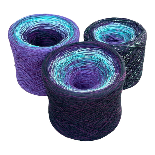 Michi Purple Teal Mix, Gradient Cotton Natural Fiber Yarn-YARN-3 Cakes Set Regular-Reverse & With additional 1 Sparkle Thread-Renas Thread and Crafts