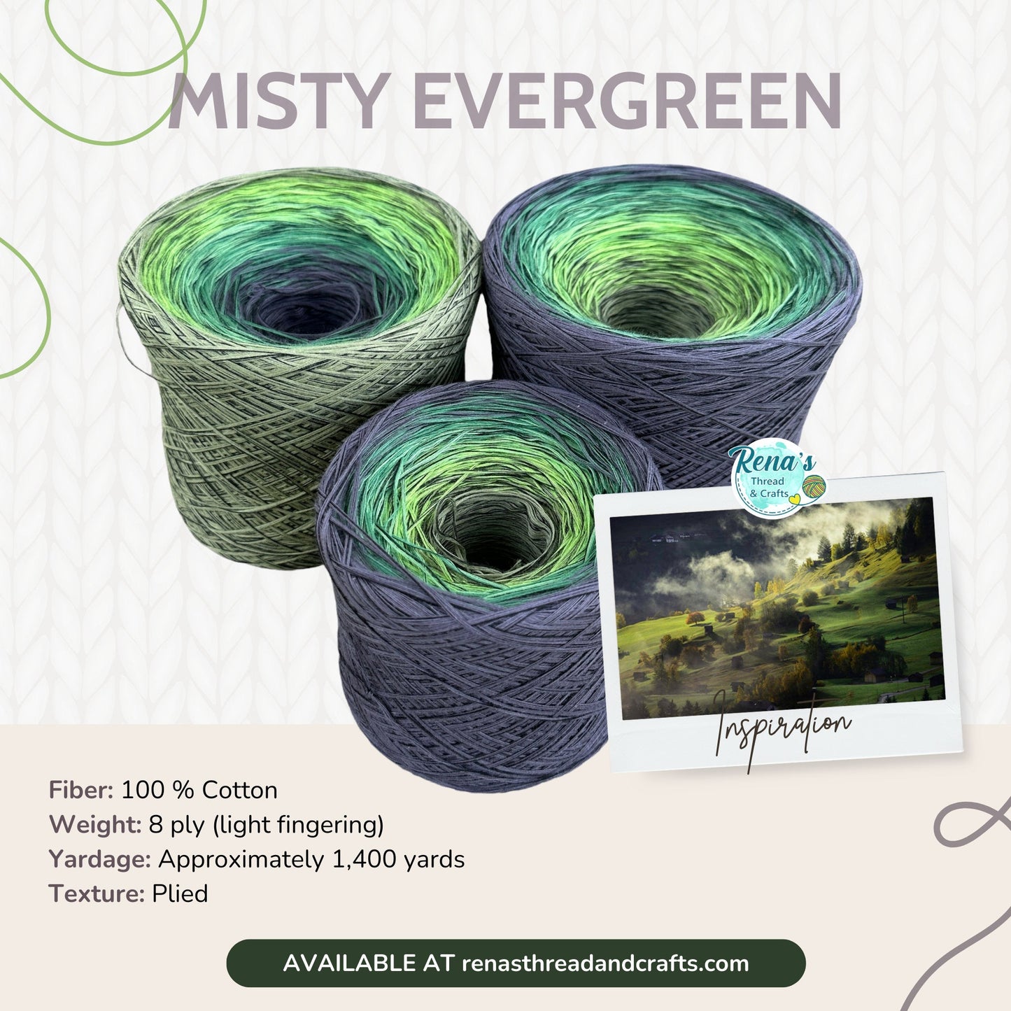 Misty Evergreen, Gradient 8PLY Cotton Gradient Cake Yarn, Fingering Lace Weight, Natural Fiber-Rena'sThreadandCrafts-Gray outside - Approx. 800-Renas Thread and Crafts