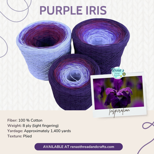 Purple Iris, Gradient 8PLY Cotton Gradient Cake Yarn, Fingering Lace Natural Fiber-Rena'sThreadandCrafts-Dark Purple Outside - Approx. 800-Renas Thread and Crafts
