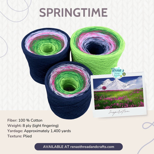 Springtime, Gradient 8PLY Cotton Gradient Cake Yarn, Fingering Lace Natural Fiber-Rena'sThreadandCrafts-Blue outside - Approx. 800-Rena&#39;sThreadandCrafts