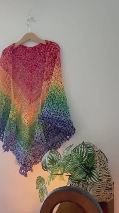 Handmade Shawl, Rainbow color Shawl, soft cotton lightweight Shawl, Crocheted , Ready to ship, handmade gift, ready to ship